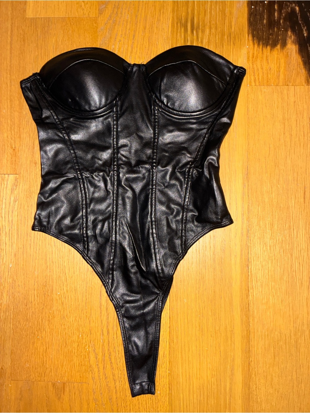 Hey Babe Black Faux Leather Corset One-Piece Bodysuit Womens Size Small